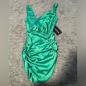 Bright Green Satin Ruched Dress